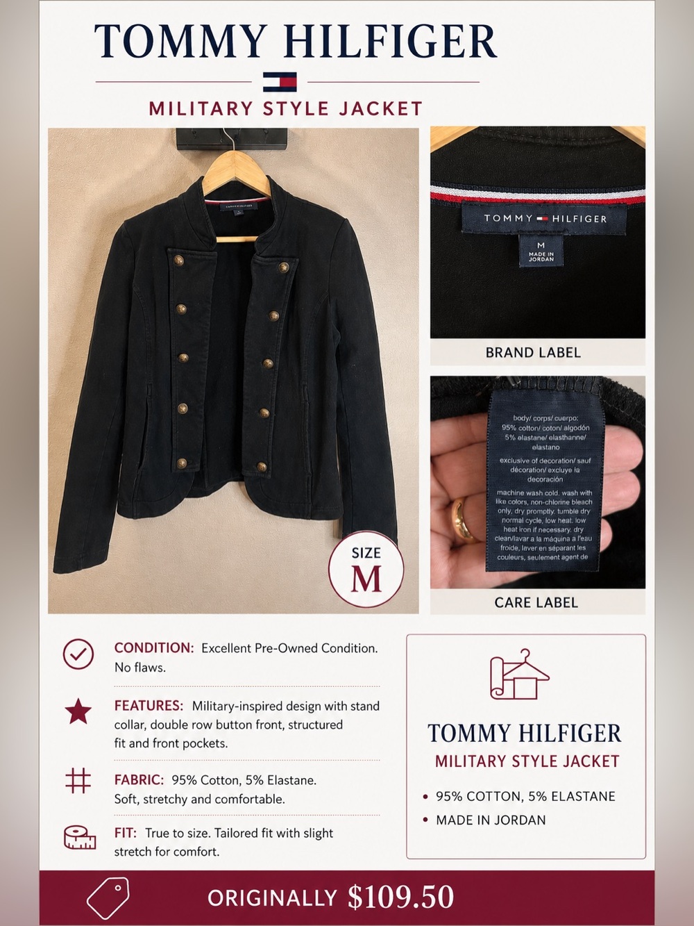 Tommy Hilfiger Black Military-Style Cotton Blend Jacket Size M